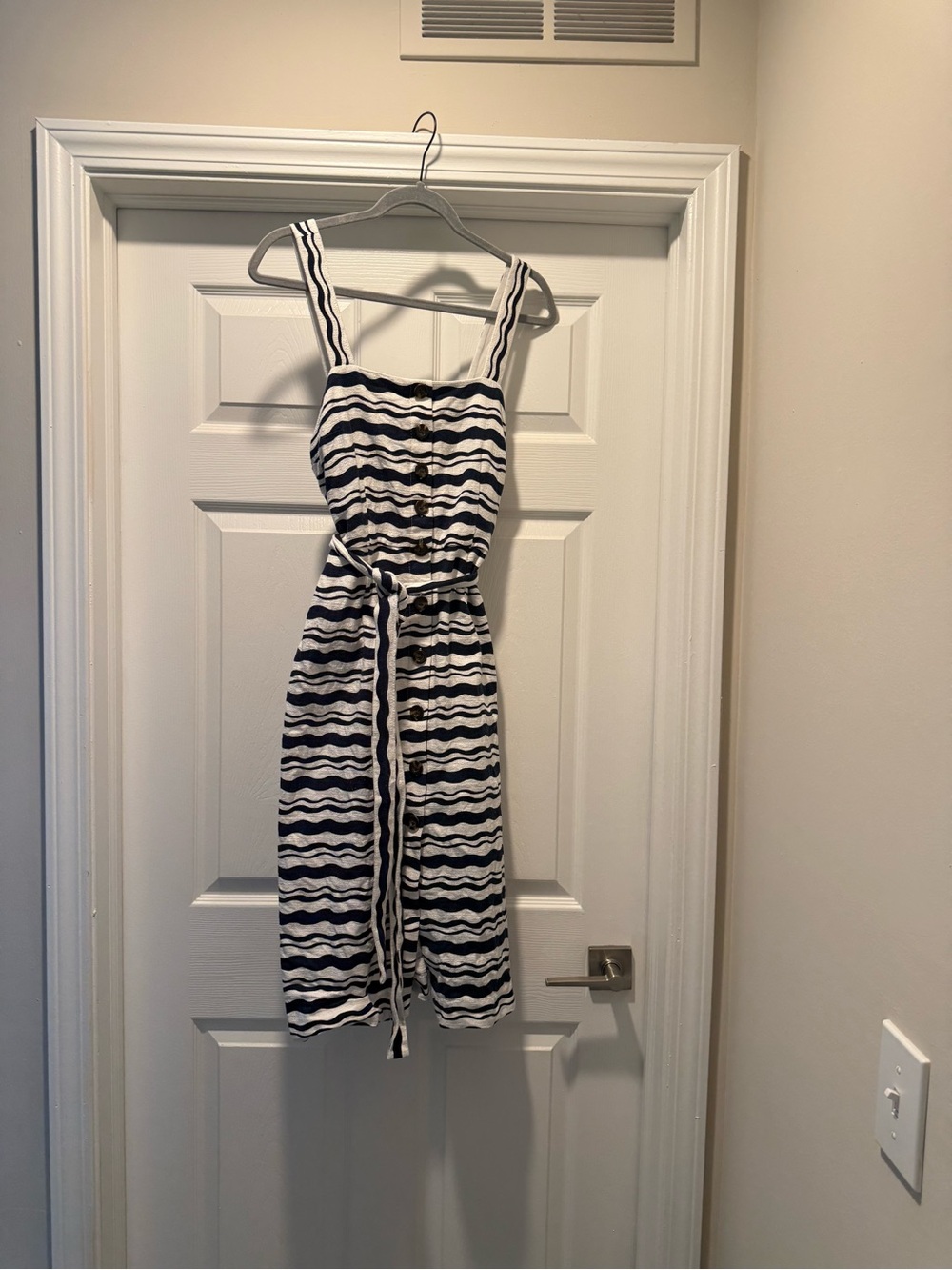 Ann Taylor Navy & White Striped Midi Dress with Tie Waist